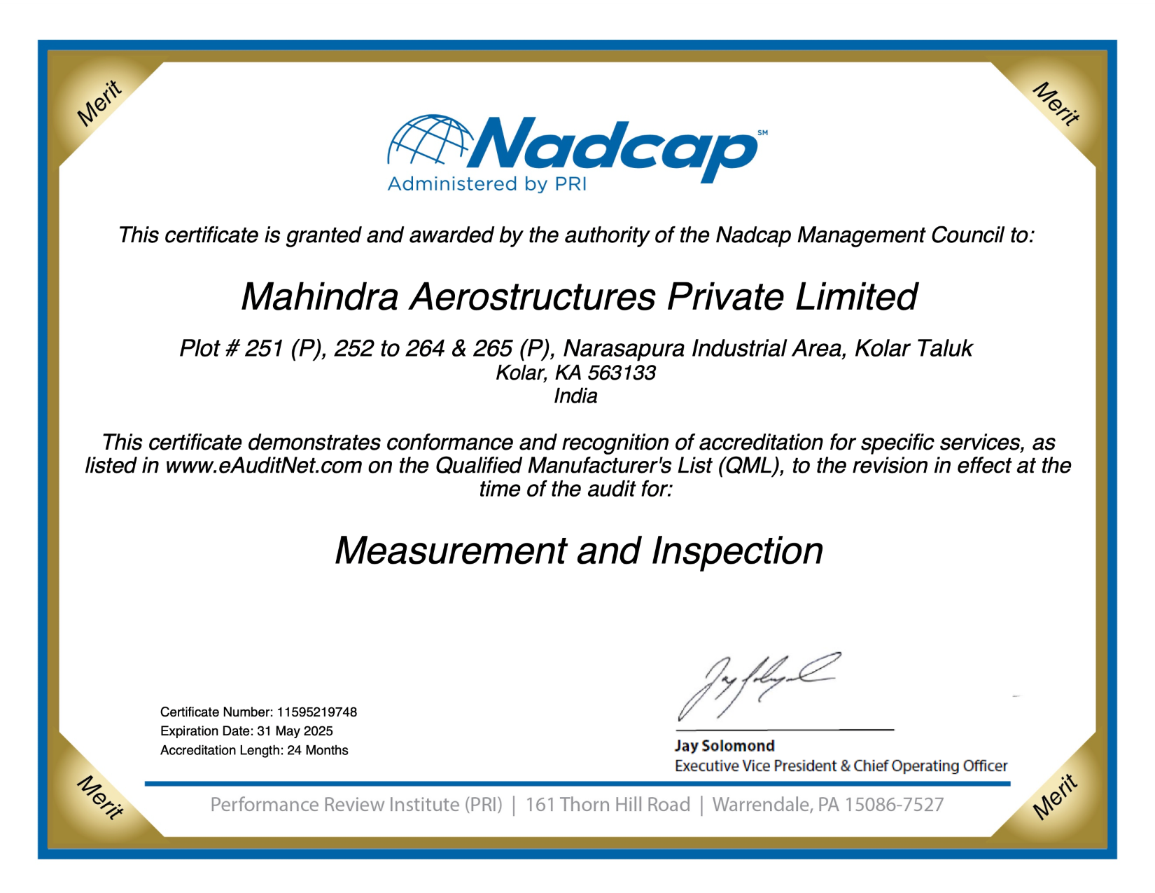 Certificate Nadcap (Aerospace) Measurement and Inspection audit # 219748